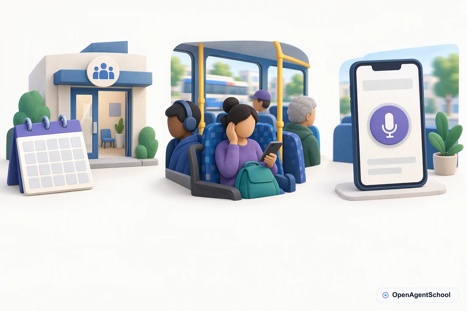 Left, an empty appointment calendar stands beside an advice-centre doorway. Center, a miniature bus seat, passengers and microphone suggest a noisy shared space. Right, a phone offers an unpressed microphone control. No appointment or recording is shown as started.