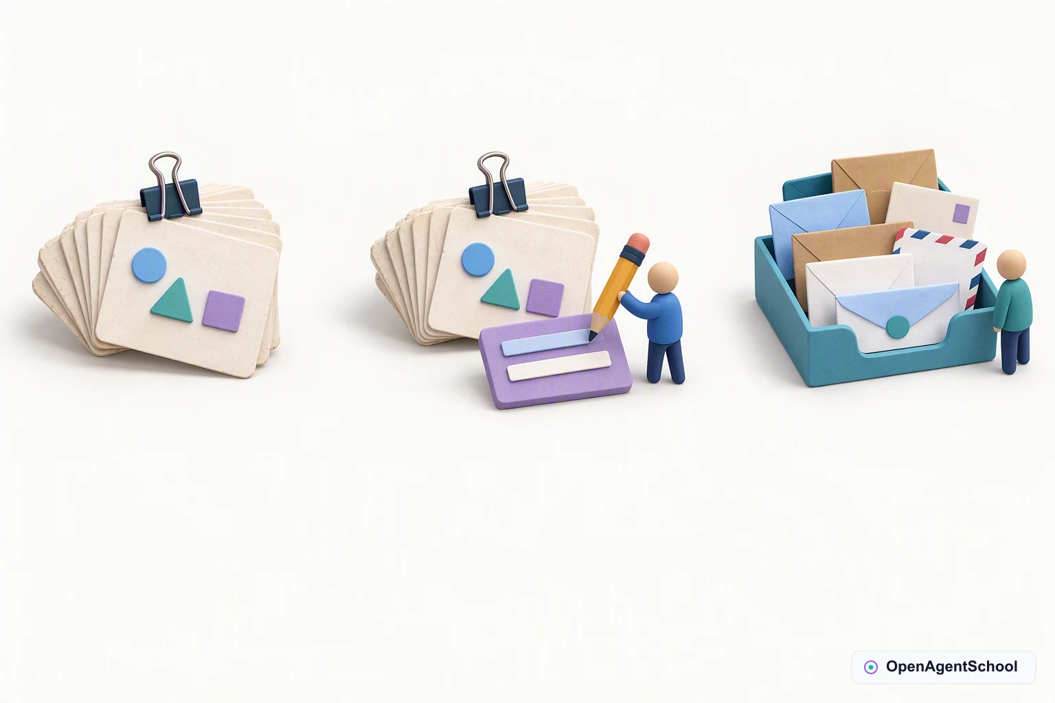A clipped set of worn practice cards sits left. The same recognizable cards appear beside a pencil and movable instruction tile in the center. An inbox of unopened, differently shaped envelopes sits right, separate from the familiar practice material.