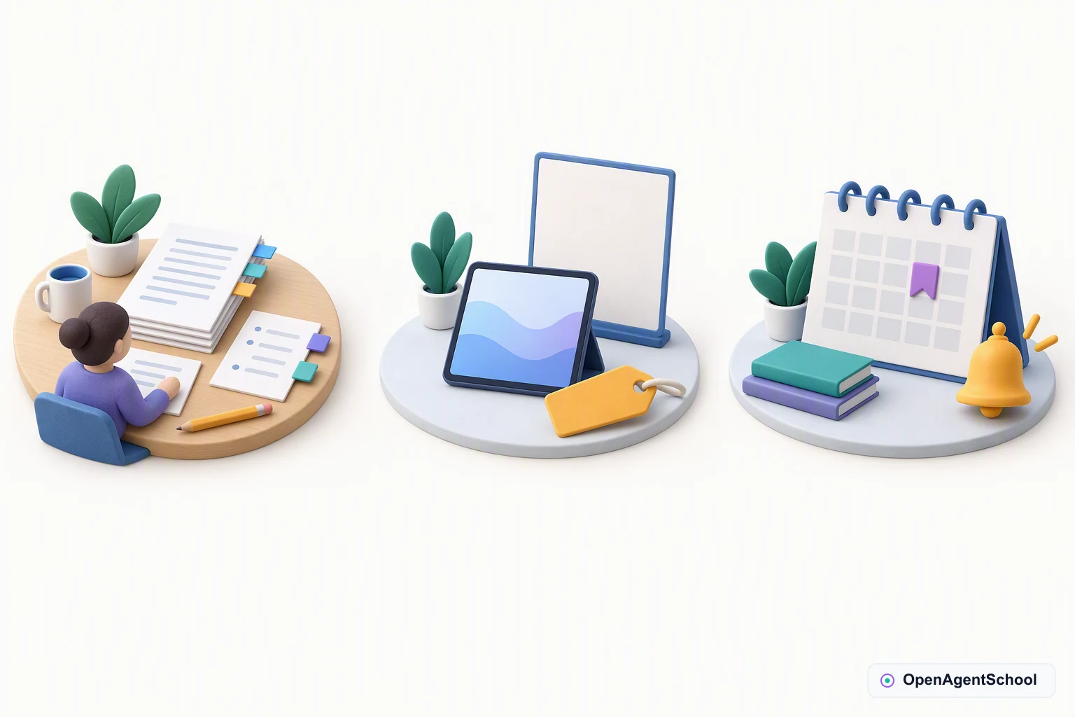 Meeting notes, date tabs and a pencil sit left. A candidate-helper tablet with a blank advert and price tag sits center. A calendar bookmark and reminder bell sit right, emphasizing an important date without showing a score or a completed switch.