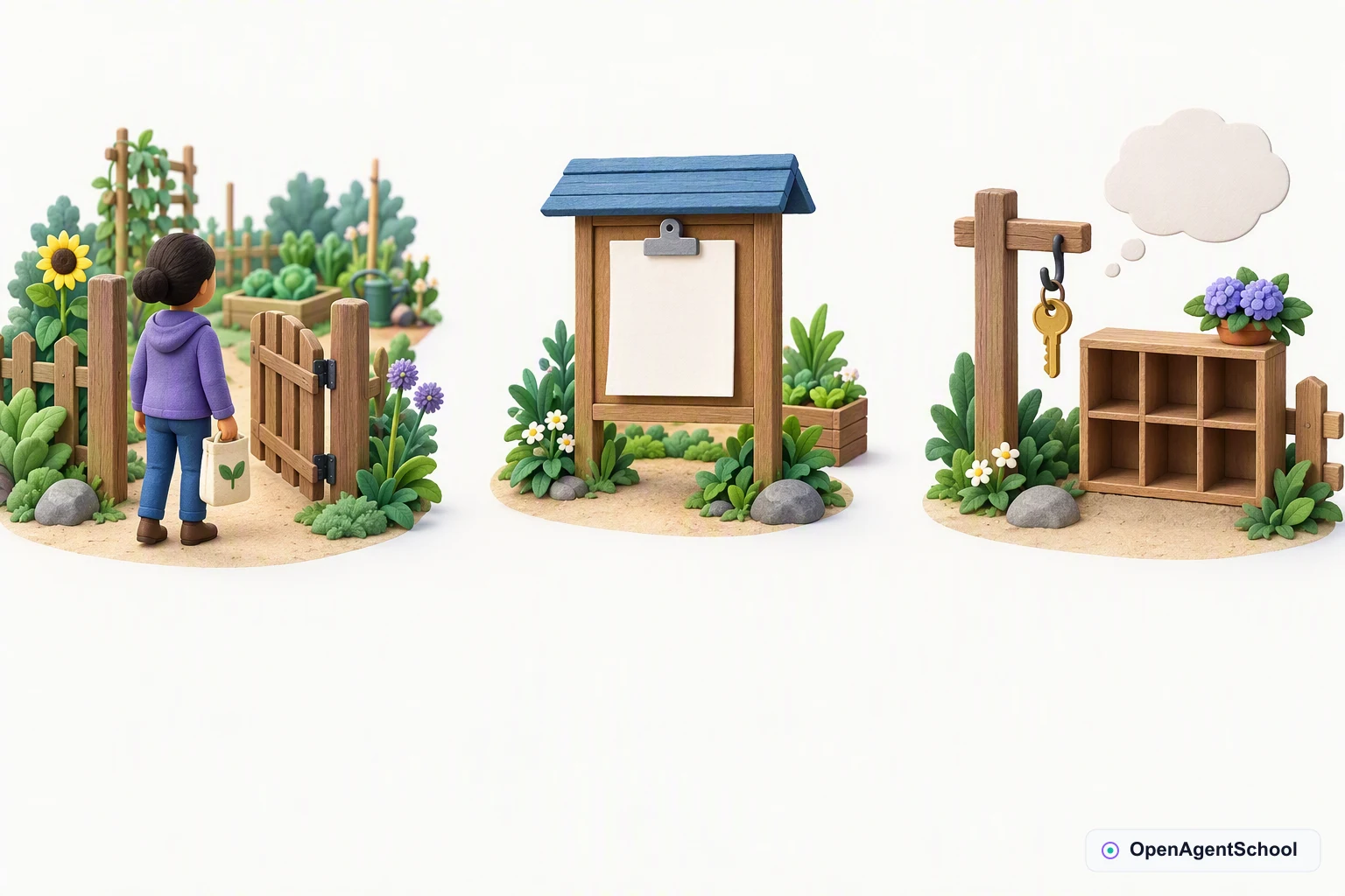 A newcomer with a seed pouch stands by a garden gate on the left. A blank welcome sheet sits on a notice stand in the center. A key hook, collection cubby and empty thought bubble sit on the right.