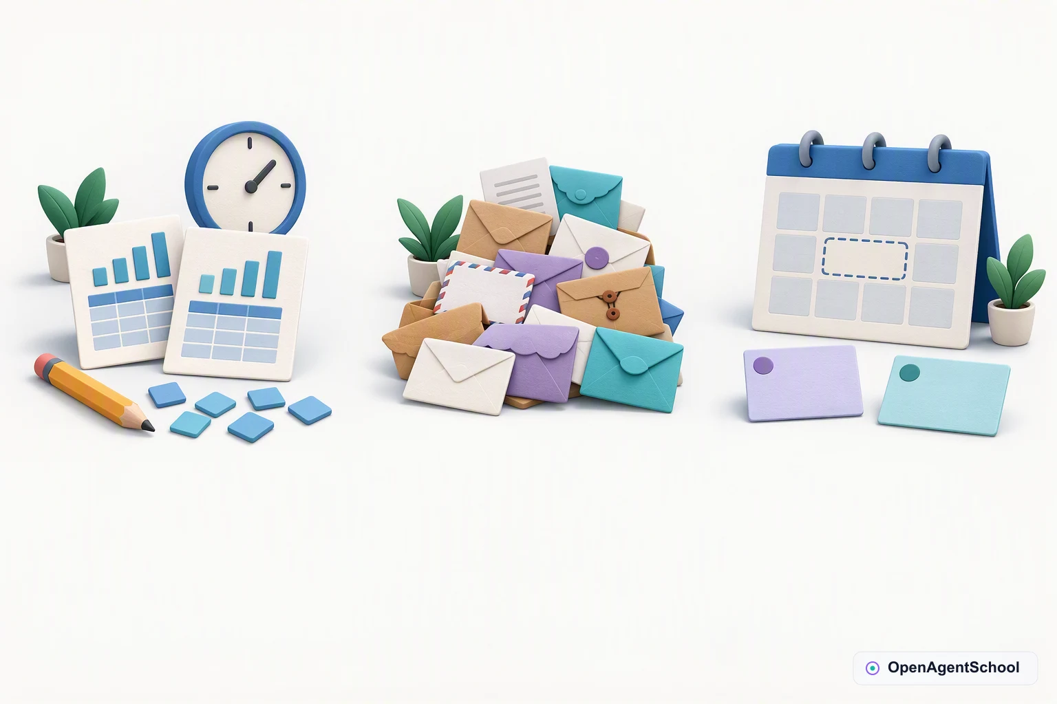 Matching report sheets, a pencil and clock sit left; a varied pile of supplier-request envelopes sits center; a planning calendar with one empty project holder and two loose cards sits right. Neither project has been selected.