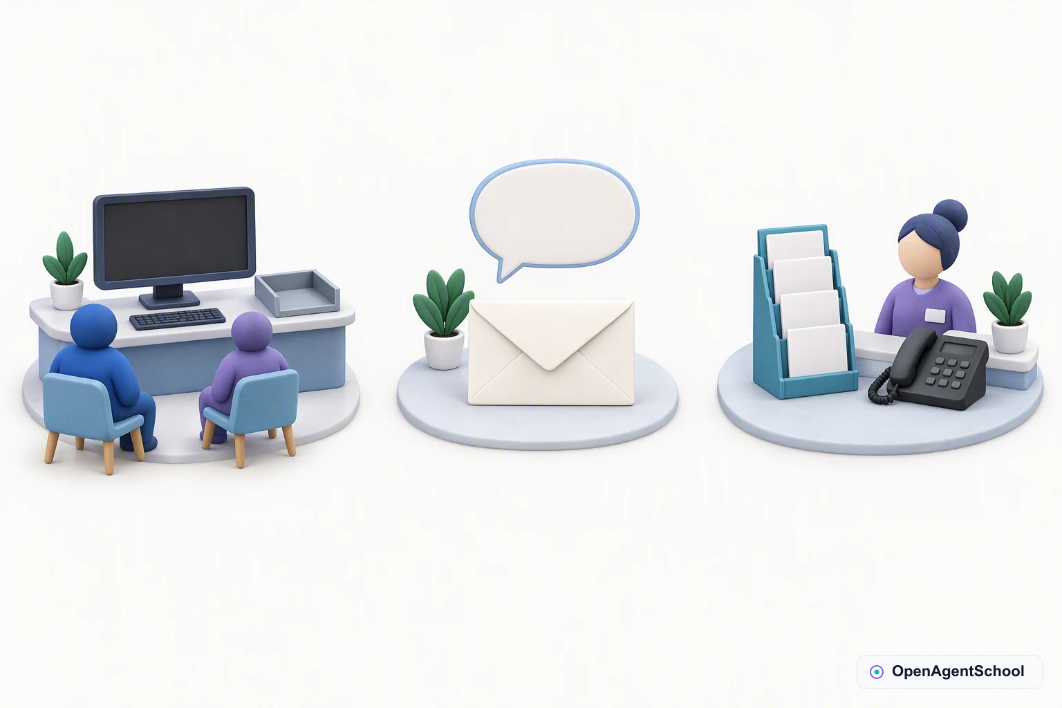 A dim helper terminal and empty waiting tray sit left. A closed visitor envelope and empty speech bubble sit center. An information-leaflet rack, telephone and staff silhouette sit right. The visitor details remain hidden and no alternate service is receiving them.