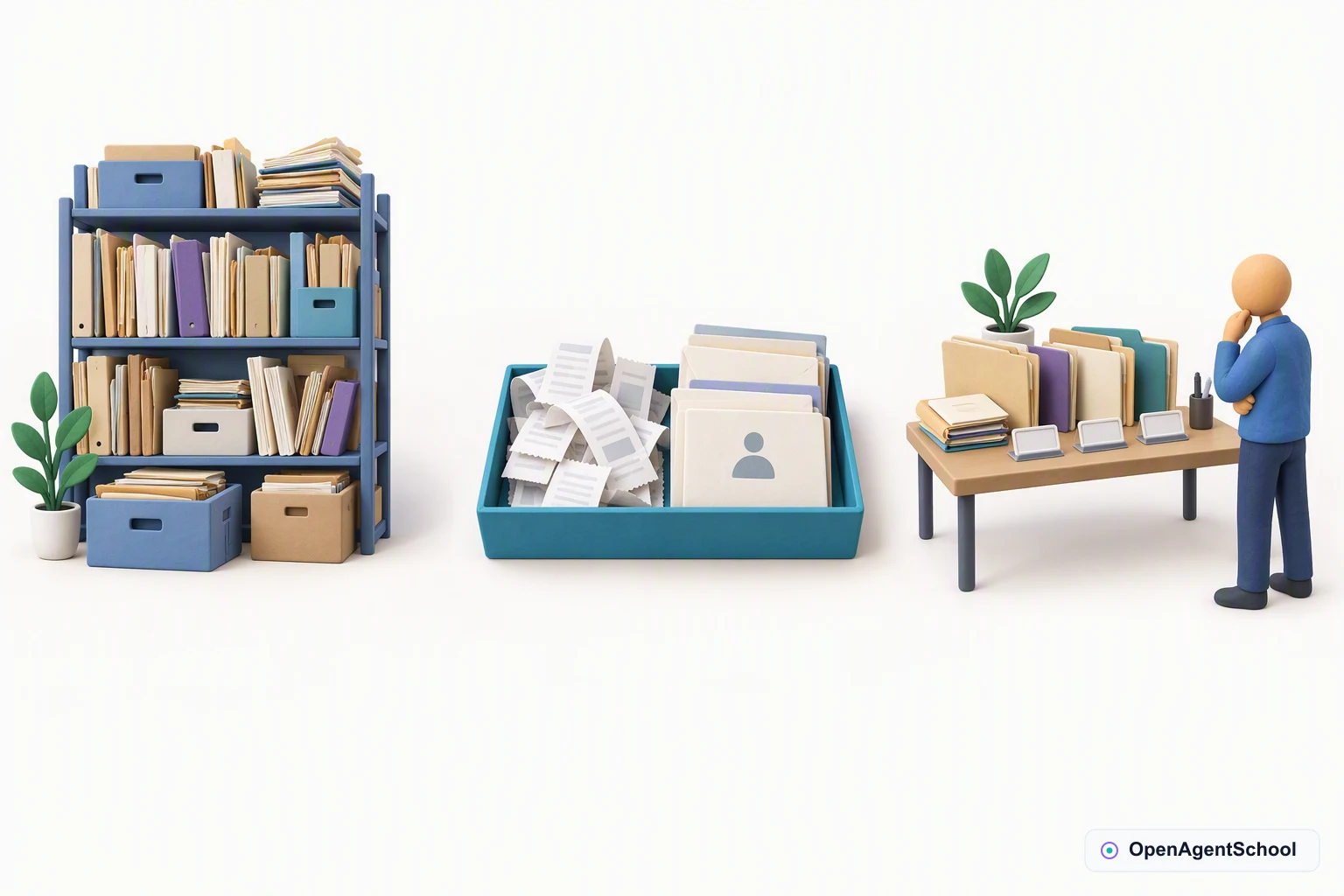 A crowded archive shelf appears left. Blank receipts and closed membership-form envelopes share a tray in the center. A review desk with uncategorized folders and empty tab holders appears right. All records remain present and unchanged.