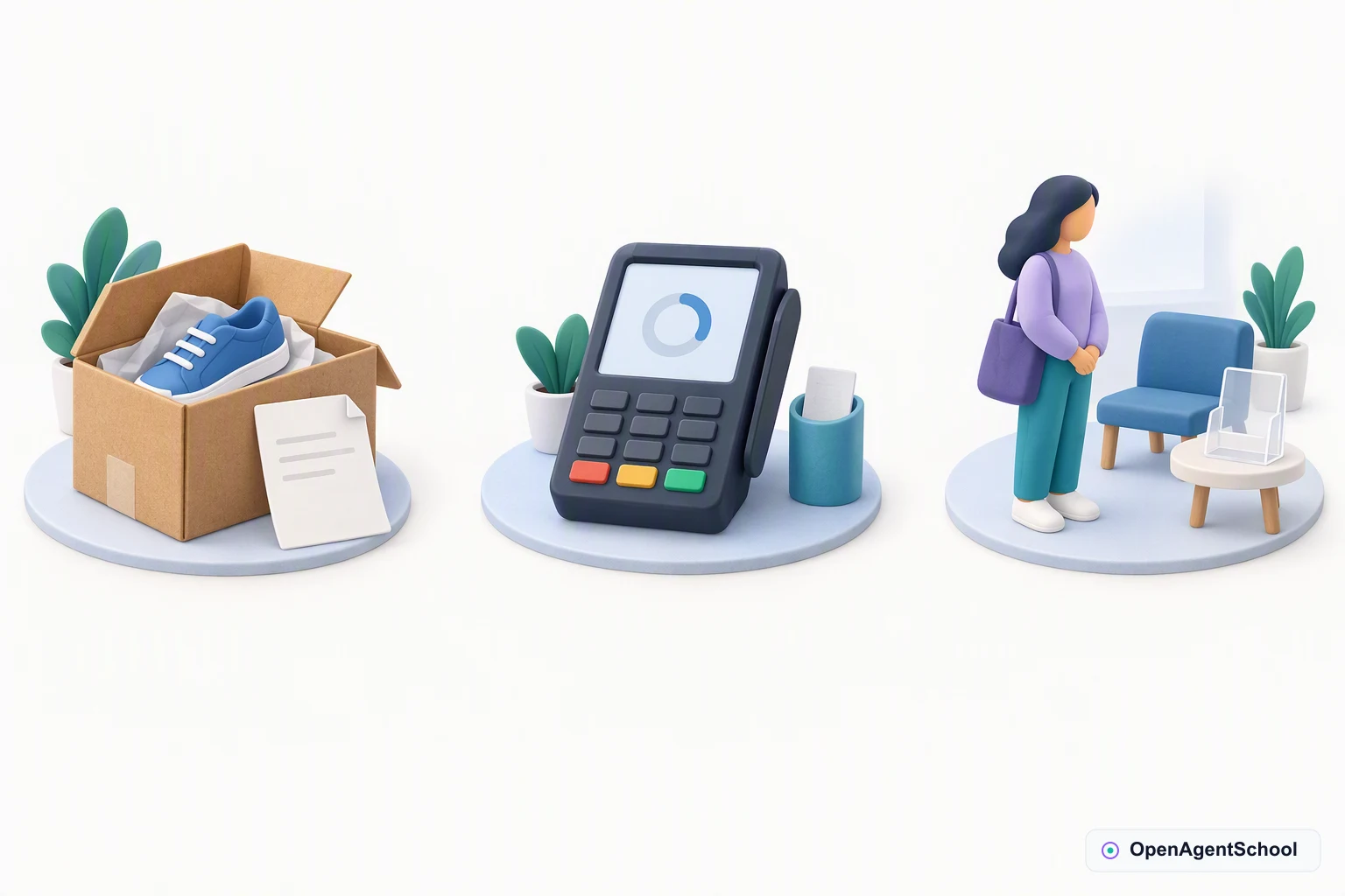 Left, a returned parcel has one blank refund request slip. Center, a payment terminal shows an unfinished loading ring. Right, a customer waits beside an empty receipt holder. The arrangement leaves the payment outcome unresolved.