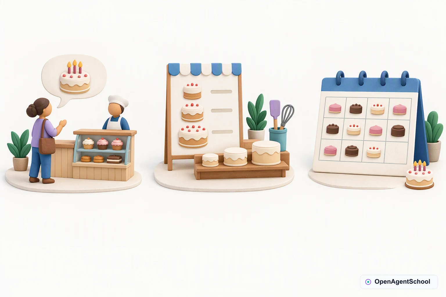 A cake-shaped request token in an empty speech bubble appears left. A bakery menu with sample cake sizes appears center. A calendar with occupied slots and one loose cake token appears right, without a confirmed place for the request.