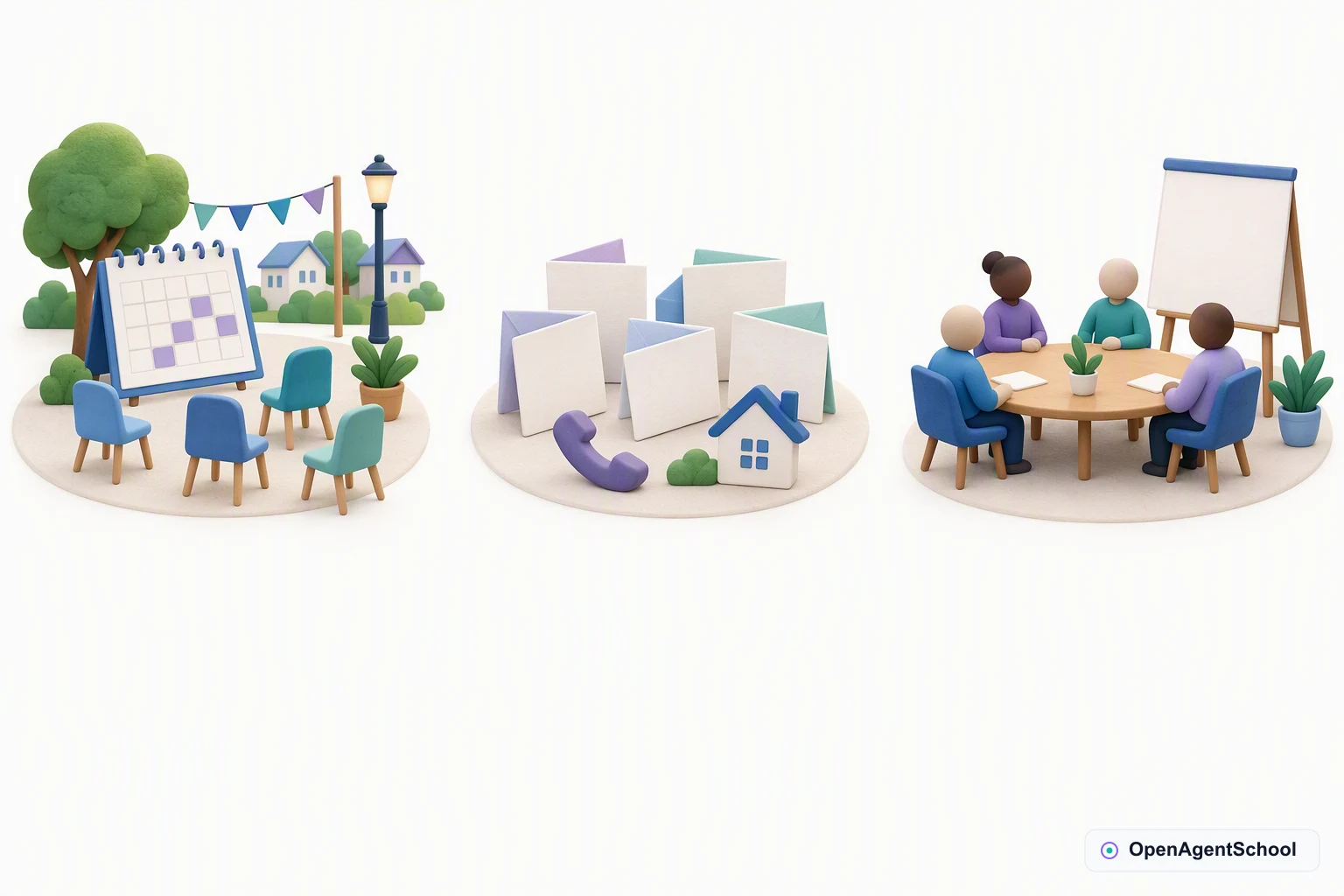 An activity calendar and empty chairs sit left. Opaque feedback sheets with telephone and house tokens sit center. A faceless committee waits beside a blank report stand at right; the original replies are not displayed to the committee.