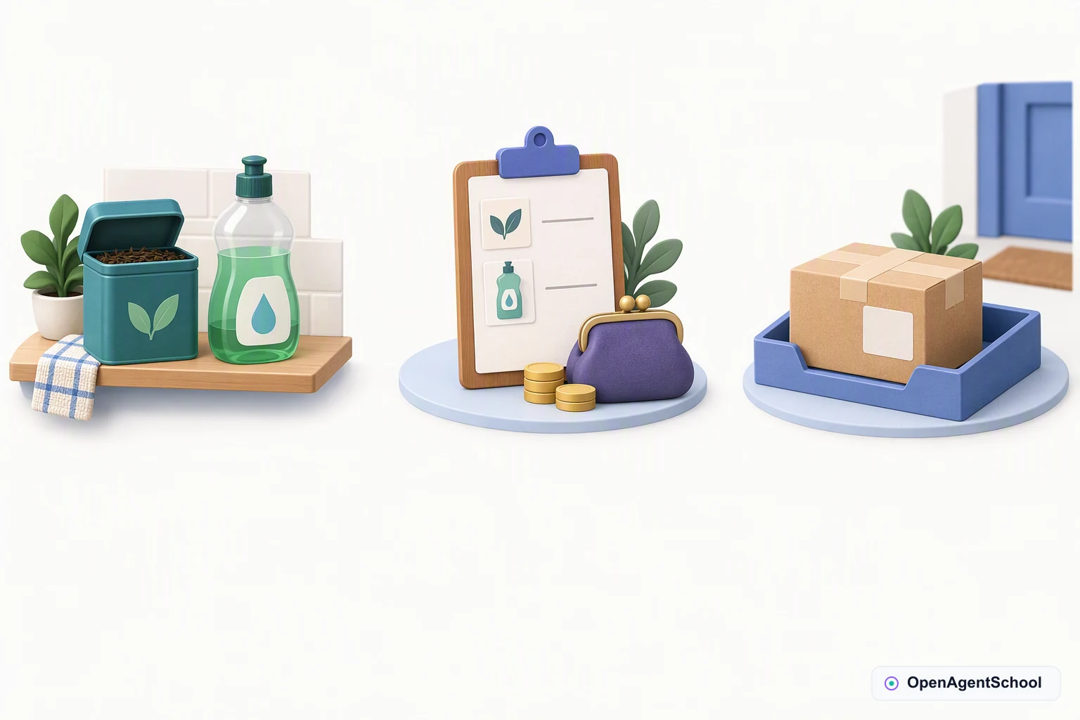 A tea tin and washing-up bottle sit on a shelf at left. A shopping clipboard, matching item tokens and closed purse sit center. One sealed parcel on an incoming-order tray sits right, representing an order already on its way.