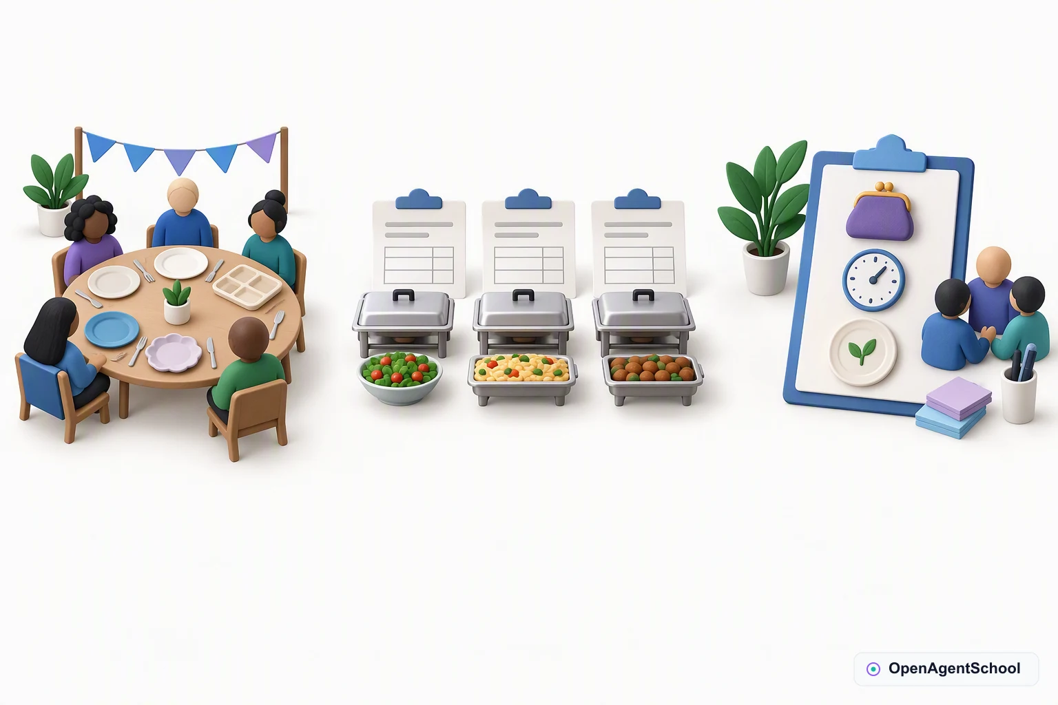A volunteer lunch table with varied empty plates sits left. Matching catering quote sheets and serving trays sit center. A planning clipboard with purse, clock and plate props sits right, gathering the different needs to compare.